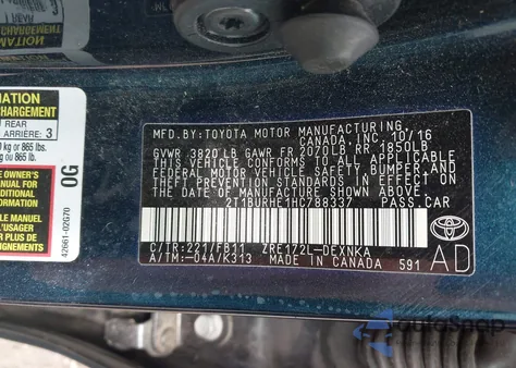 2017 Toyota Corolla L/Le/Xle/Se/Xse из США, поврежденный, VIN 2T1BURHE1HC788337